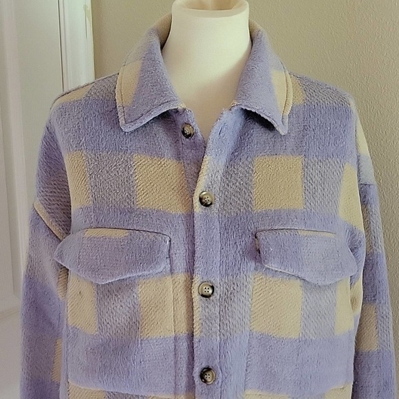 ACOA Plaid Shacket Oversized Jacket Purple Lavender Tan Button up Women's S/M - Picture 2 of 10